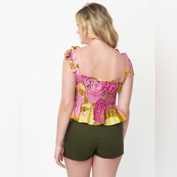 Unique Vintage Breezy Babe Smocked Top Tank Straps Pink Multi New - Picture 12 of 12